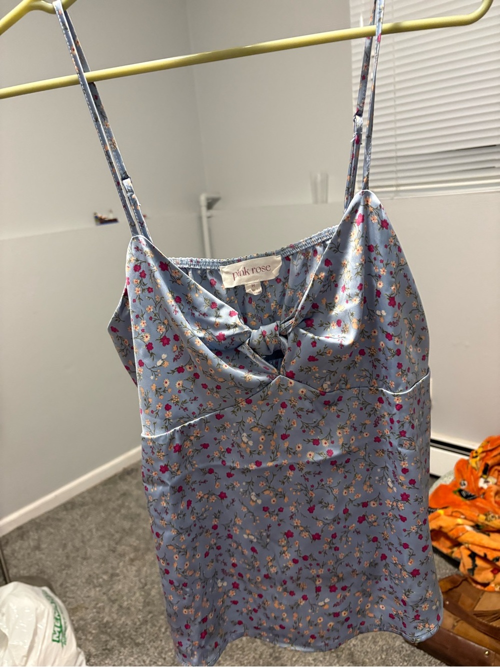 Pink Rose Light Blue Floral Satin Cami with Knot Front